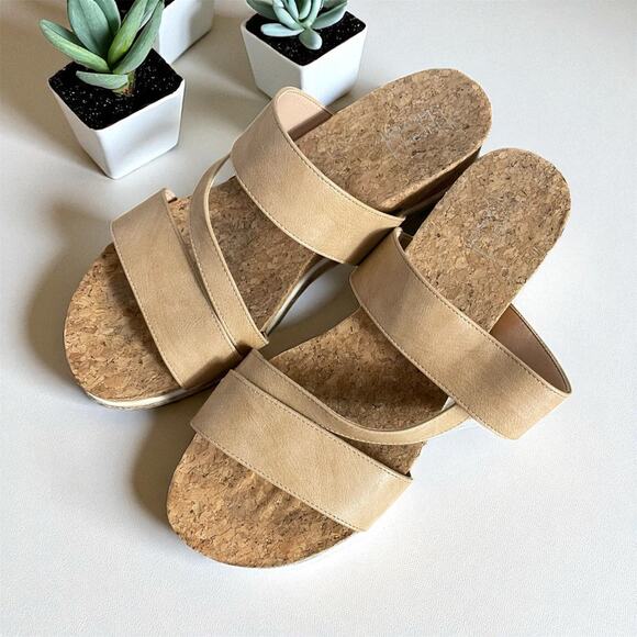 Lauren Blakwell Cindy Tan Cork Platform Sandals Womens 9.5 Slip-On Strappy Shoes - Picture 1 of 11
